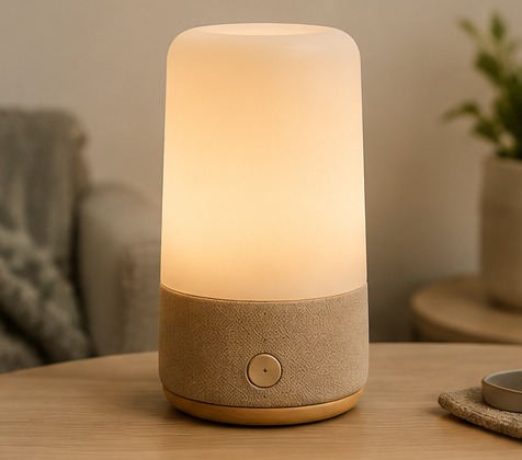Designstudie Emma Light: schlanke Leuchte mit warmem Licht und Stoffsockel auf einem Beistelltisch