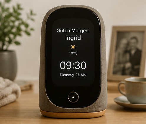 Designstudie Emma Portrait: aufrecht stehendes Gerät mit Stoffrahmen und ruhiger Anzeige auf einem Holztisch im Wohnraum